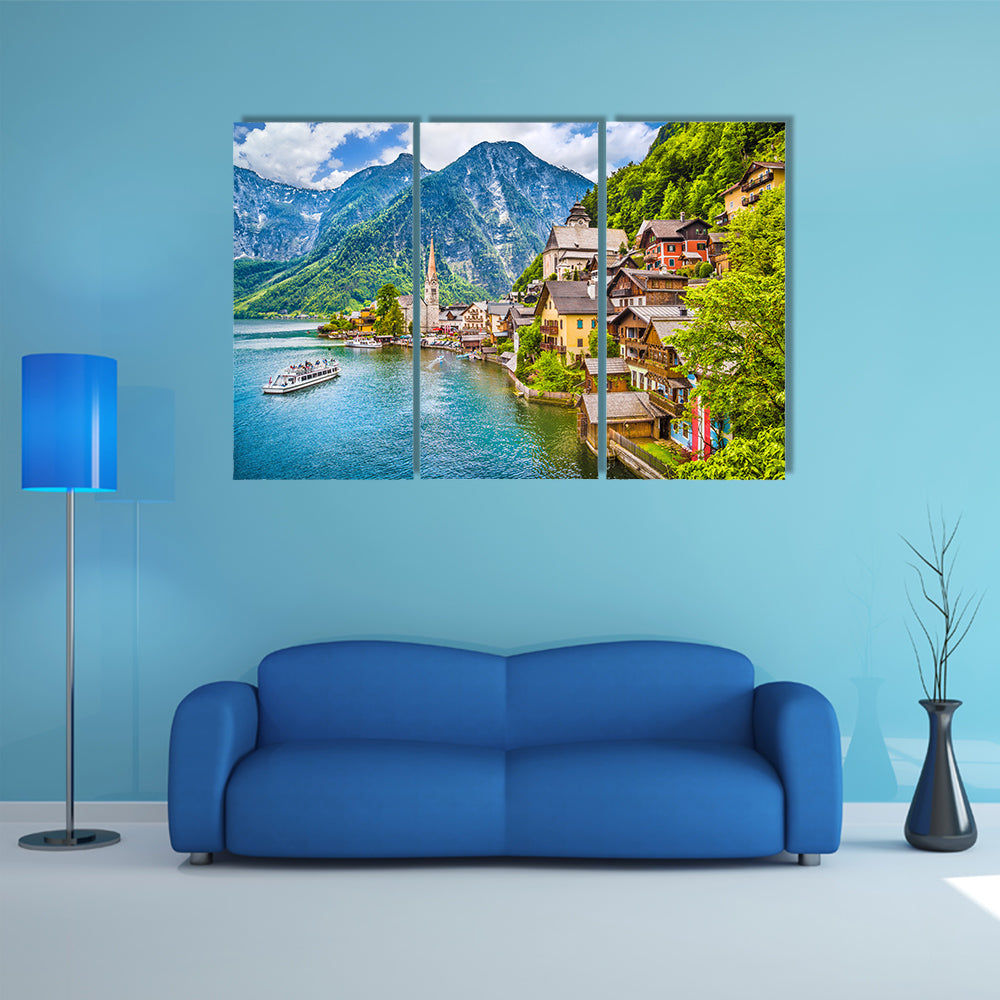 Scenic picture-postcard view of famous Hallstatt mountain multi panel canvas wall art