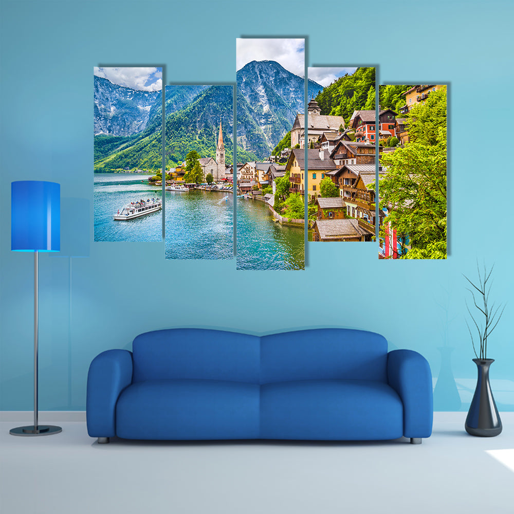 Scenic picture-postcard view of famous Hallstatt mountain multi panel canvas wall art