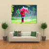 A Little Girl With Red Attire And Umbrella Enjoying The Serenity Of The Rain, Multi Panel Wall Art