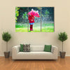 A Little Girl With Red Attire And Umbrella Enjoying The Serenity Of The Rain, Multi Panel Wall Art