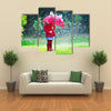 A Little Girl With Red Attire And Umbrella Enjoying The Serenity Of The Rain, Multi Panel Wall Art