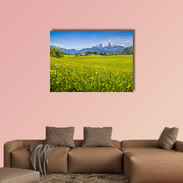 Alps Idyllic with fresh green and blooming flowers multi panel canvas wall art