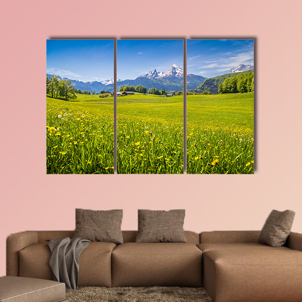Alps Idyllic with fresh green and blooming flowers multi panel canvas wall art
