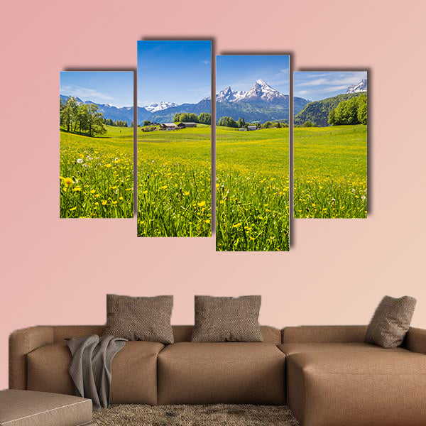 Alps Idyllic with fresh green and blooming flowers multi panel canvas wall art