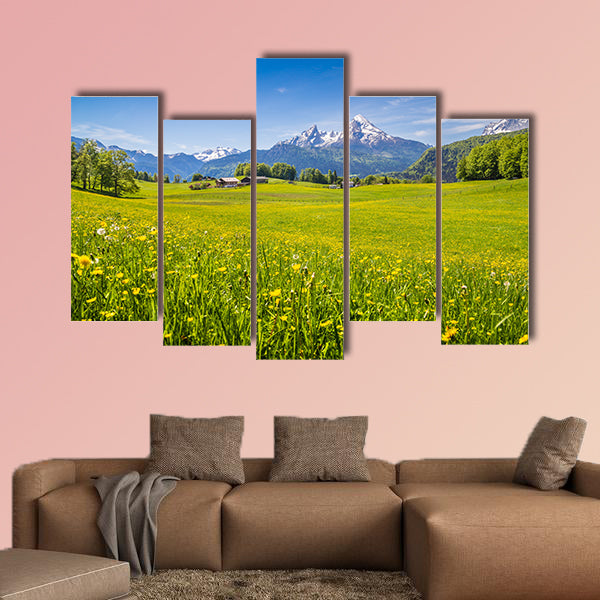 Alps Idyllic with fresh green and blooming flowers multi panel canvas wall art