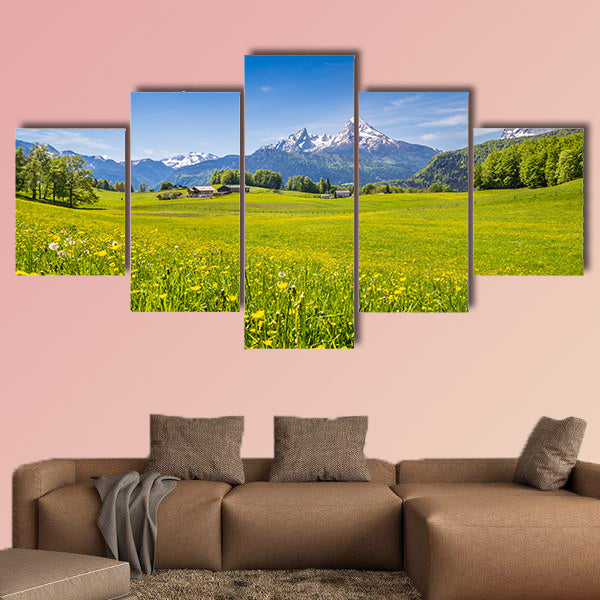 Alps Idyllic with fresh green and blooming flowers multi panel canvas wall art