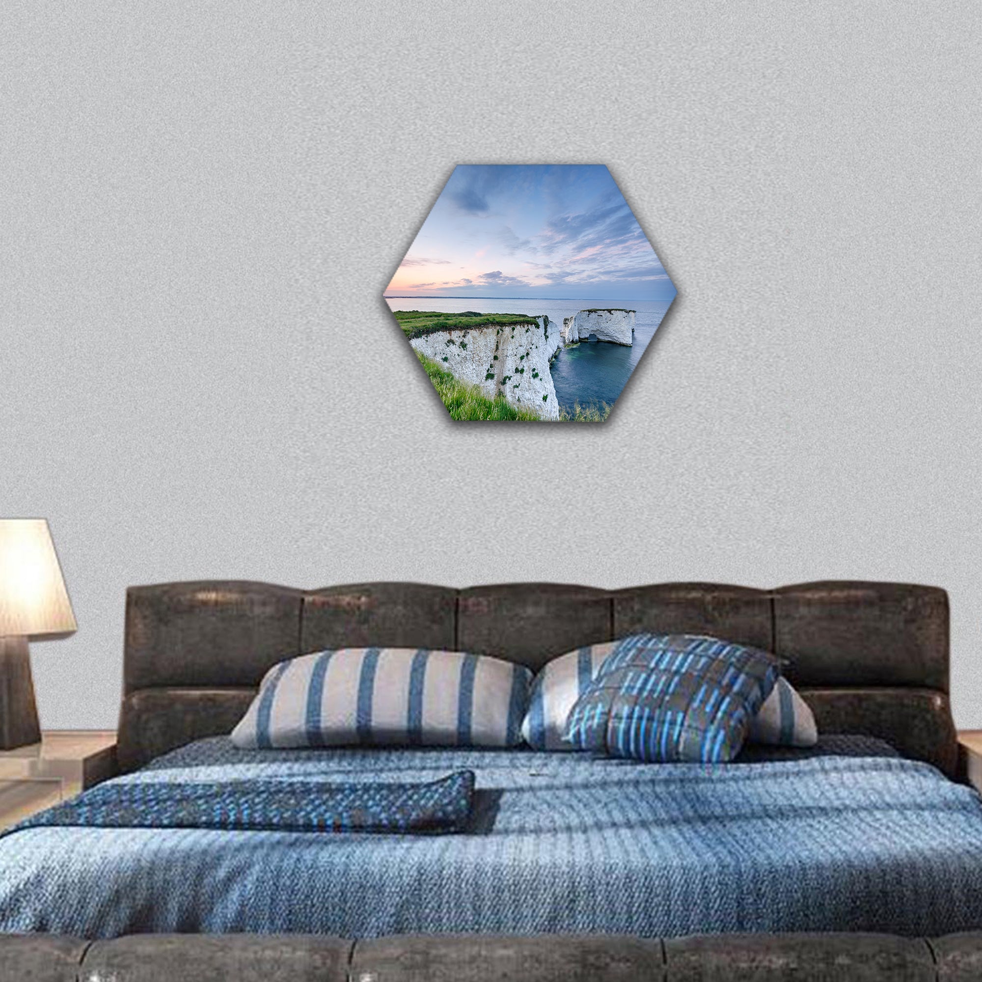 Sunset over Old Harry Rocks , Jurassic Coast in Dorset hexagonal canvas wall art