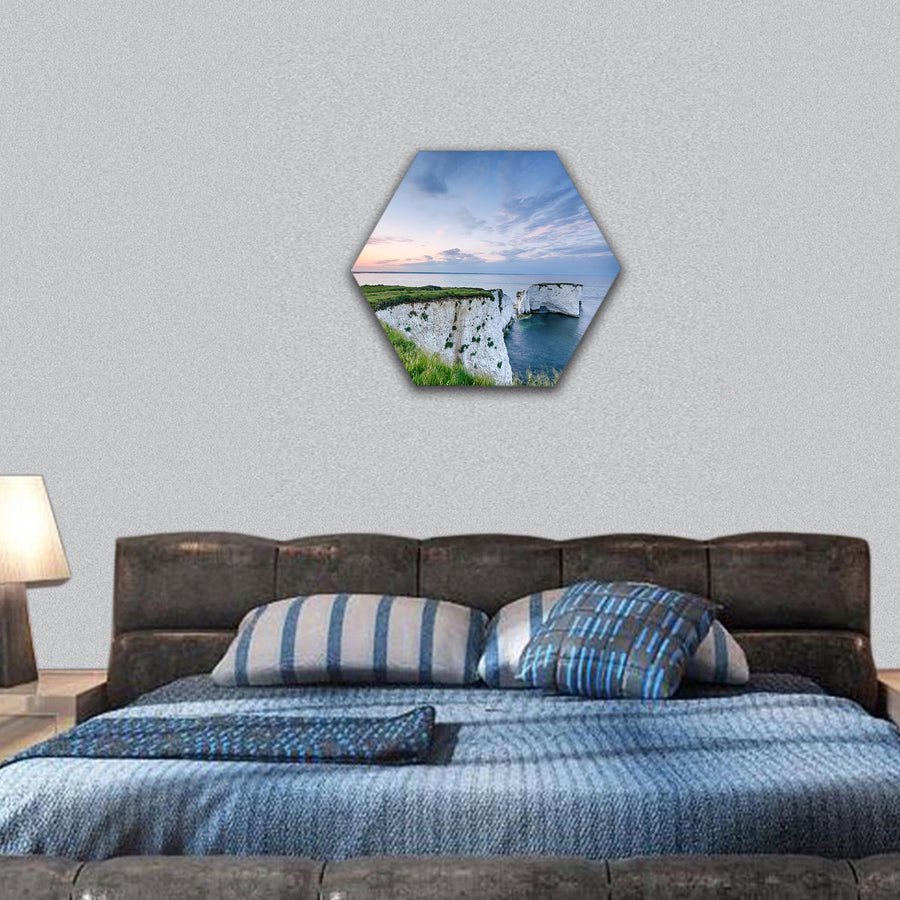 Sunset over Old Harry Rocks , Jurassic Coast in Dorset hexagonal canvas wall art