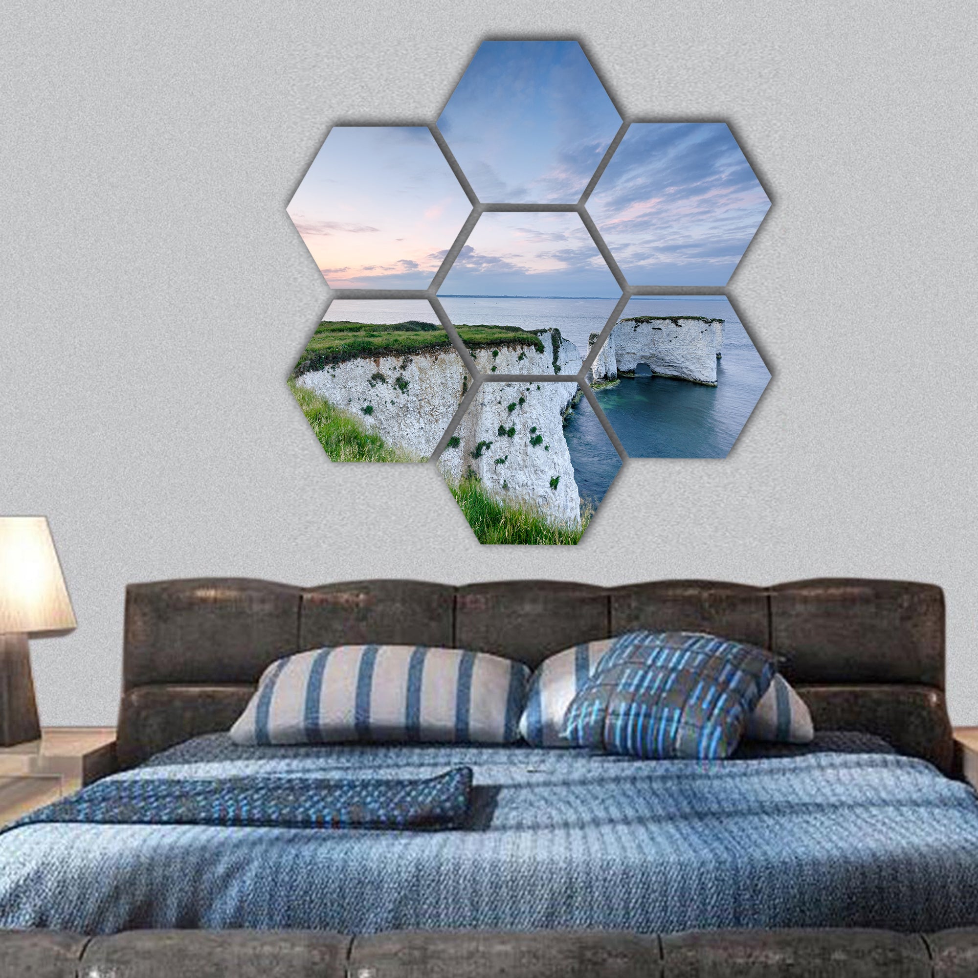 Sunset over Old Harry Rocks , Jurassic Coast in Dorset hexagonal canvas wall art