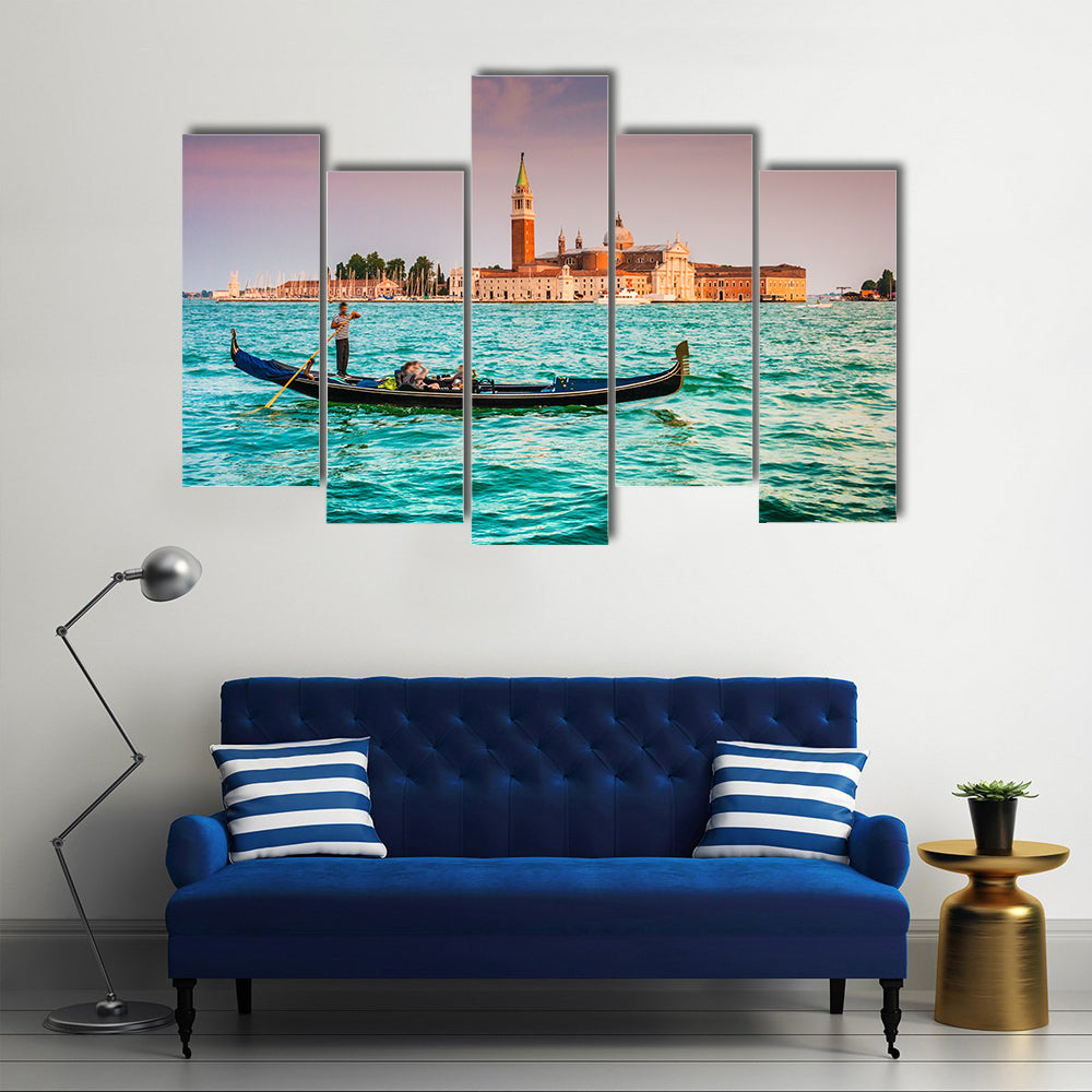Beautiful view of traditional Gondola on Canal Grande Multi Panel Canvas Wall Art