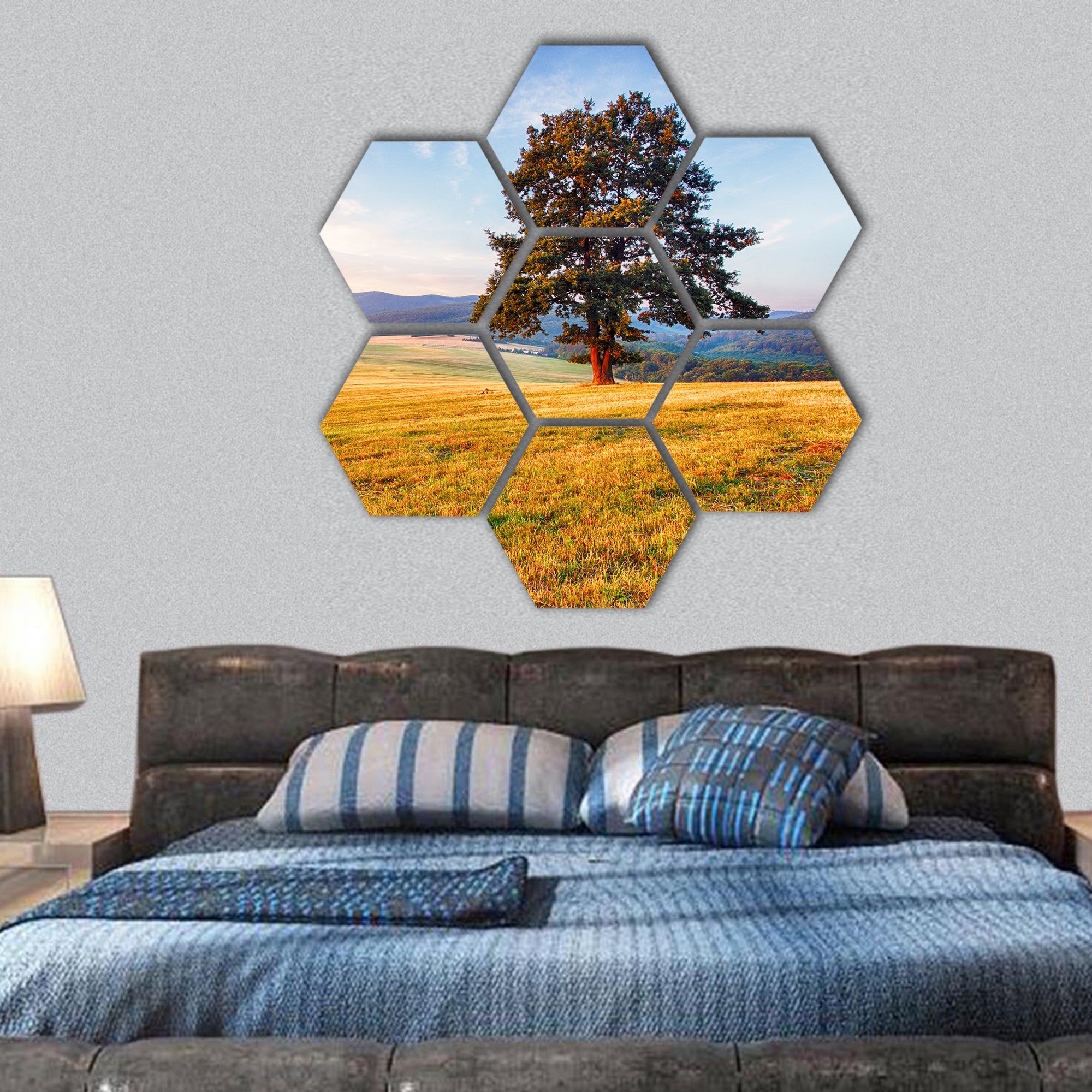 Spring landscape with tree and sun hexagonal canvas wall art