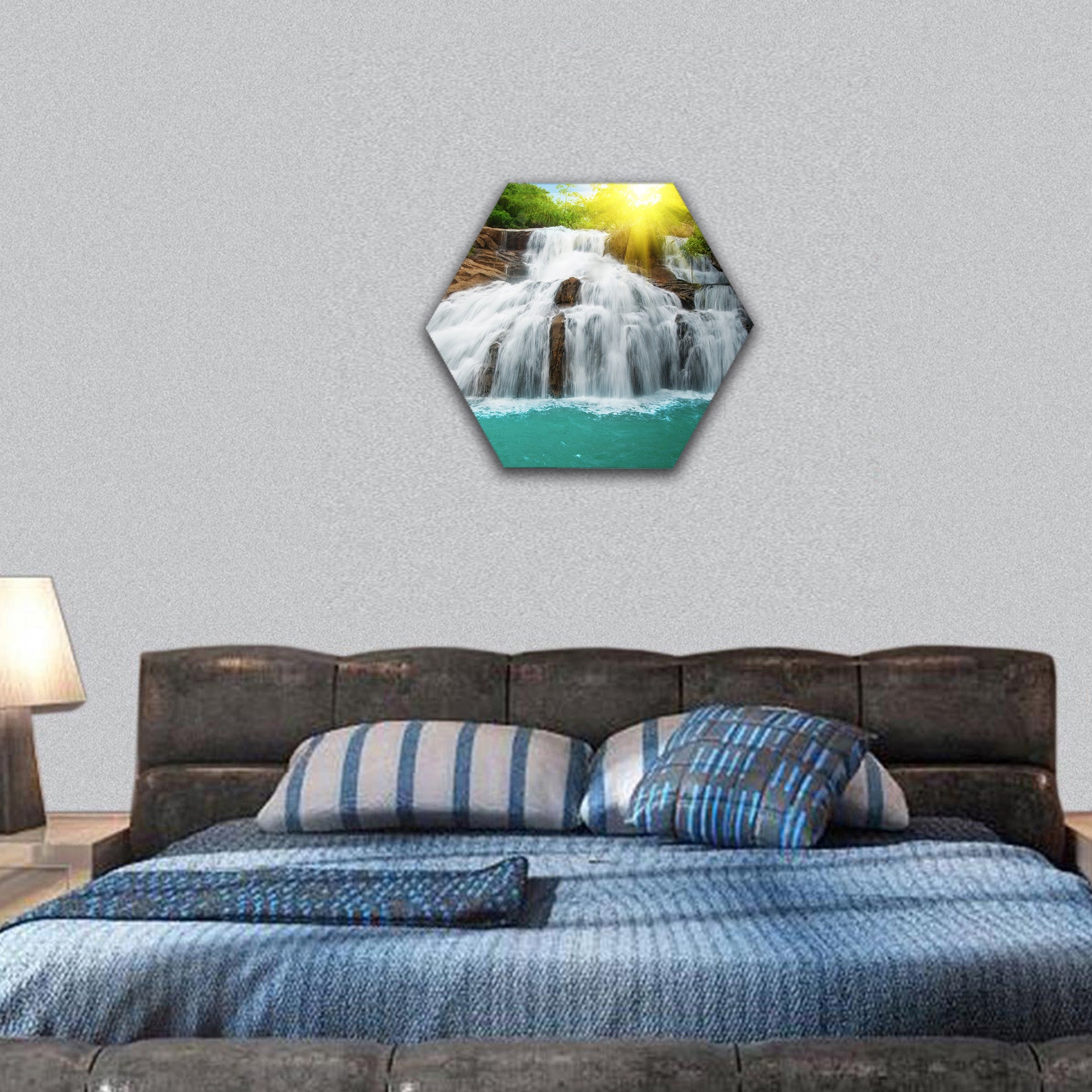 Waterfall pool in rain forest and sunlight hexagonal canvas wall art