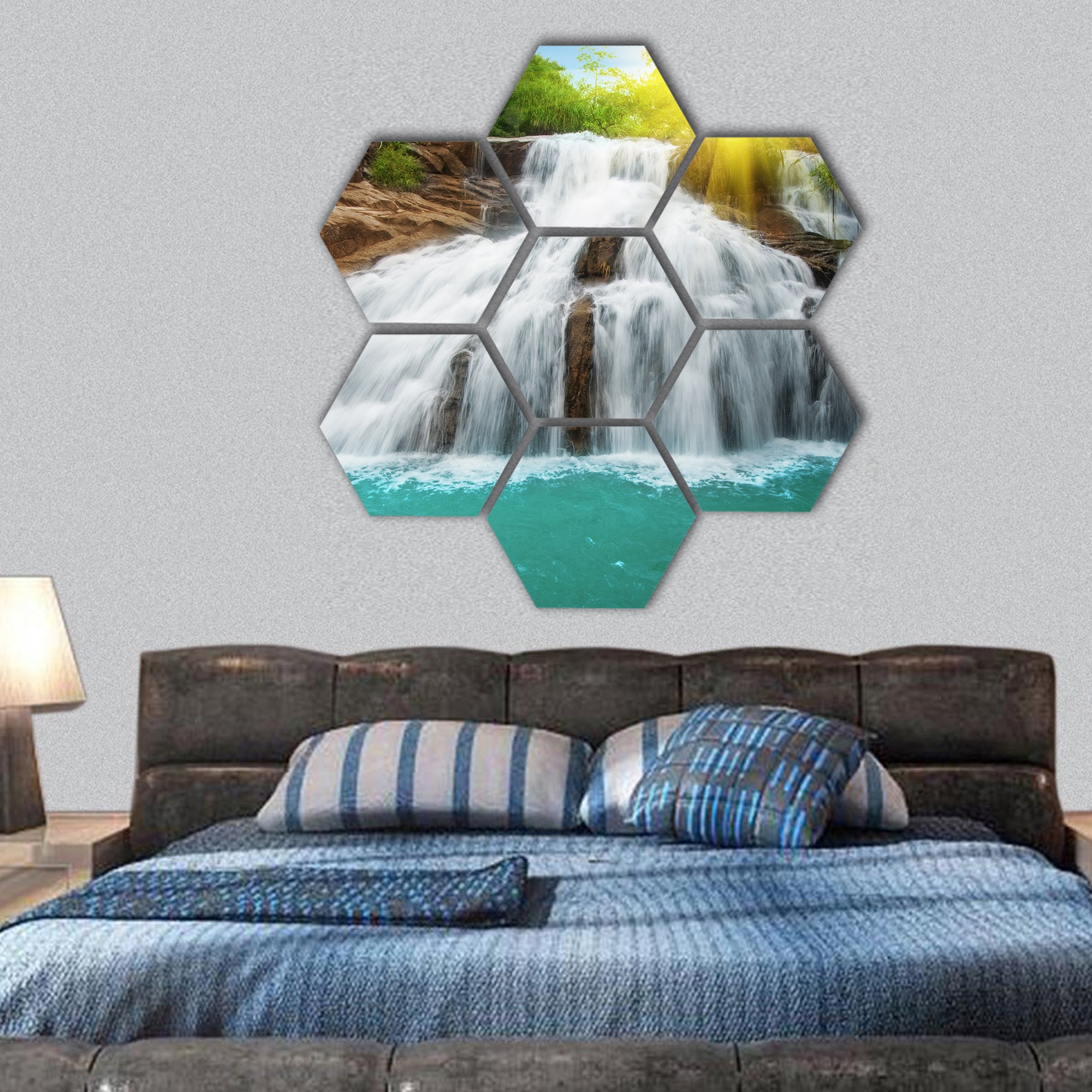 Waterfall pool in rain forest and sunlight hexagonal canvas wall art