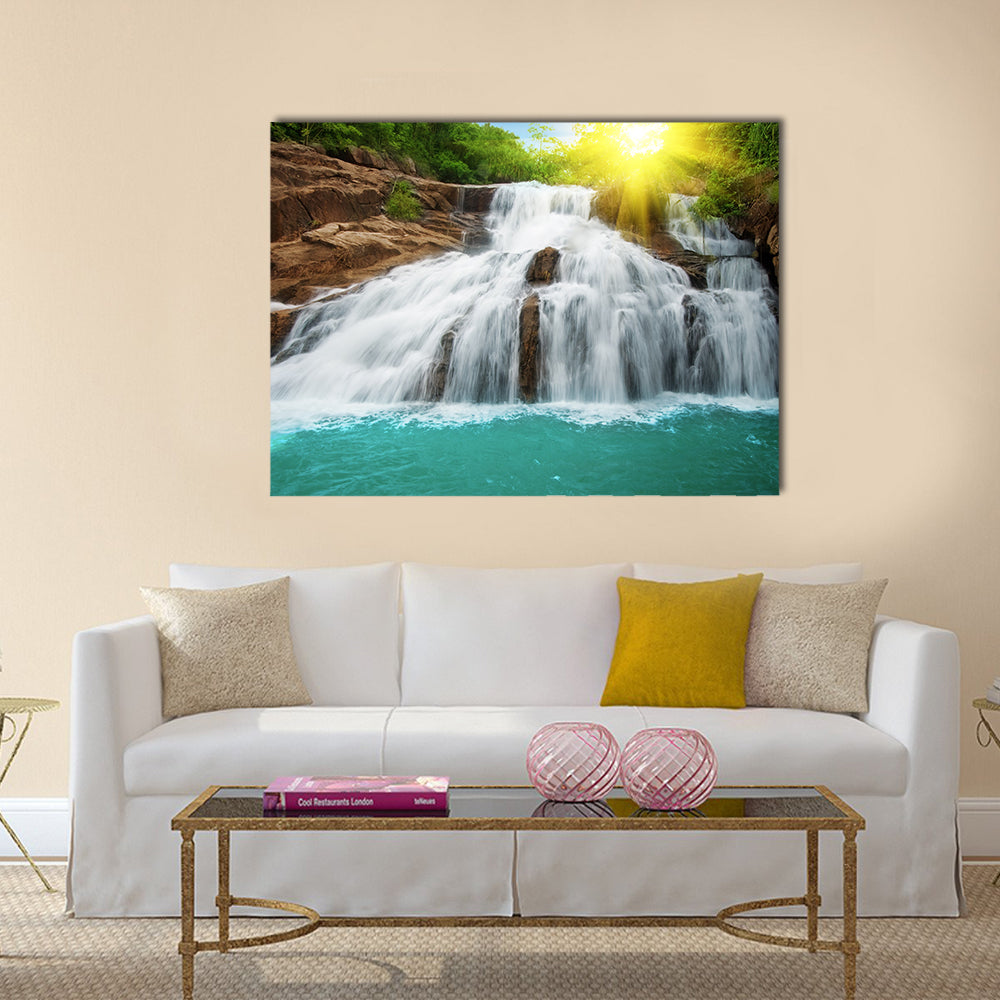 Waterfall pool in rain forest and sunlight Multi Panel Canvas Wall Art