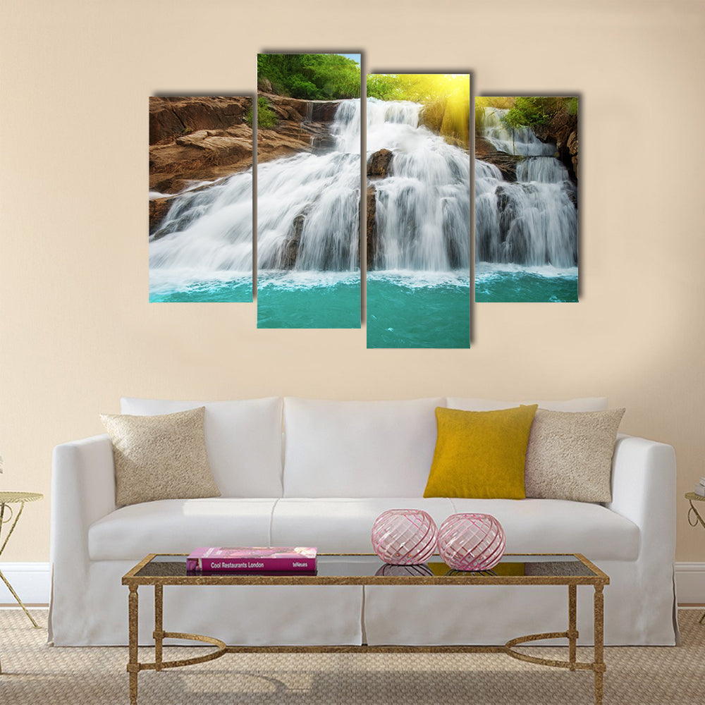 Waterfall pool in rain forest and sunlight Multi Panel Canvas Wall Art