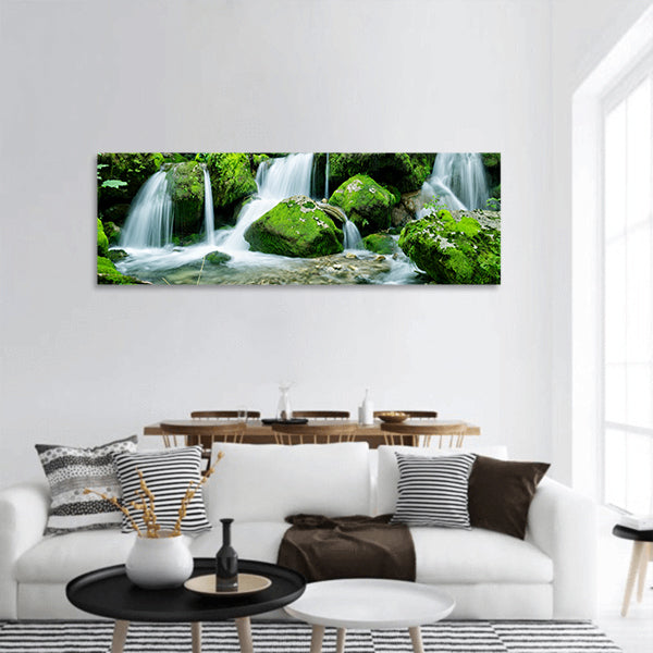 Waterfall with cascades in the forest in Julian Alps mountains Panoramic Canvas Wall Art