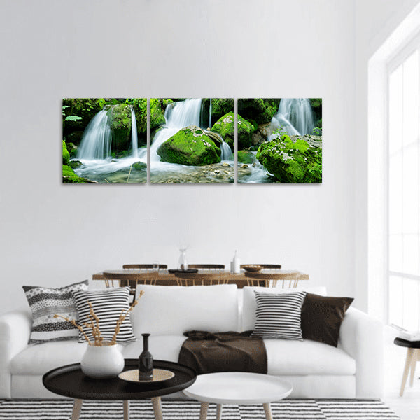Waterfall with cascades in the forest in Julian Alps mountains Panoramic Canvas Wall Art