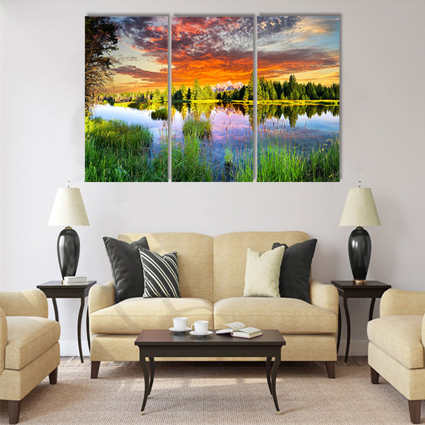Early morning panoramic view of the Snake River and Tetons multi panel canvas wall art