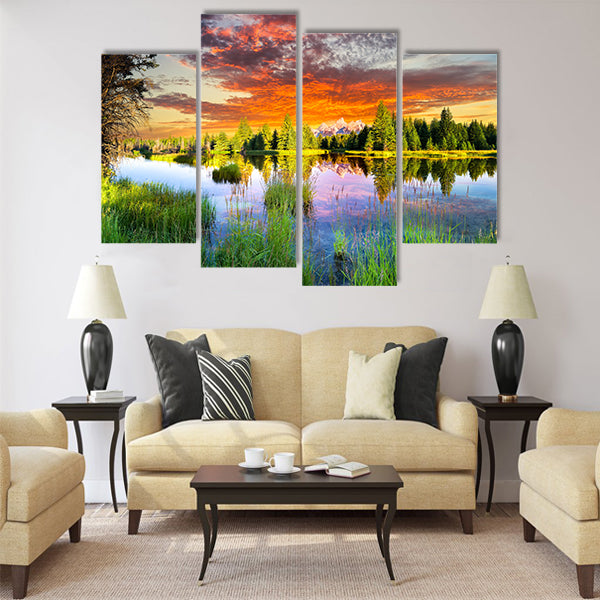 Early morning panoramic view of the Snake River and Tetons multi panel canvas wall art