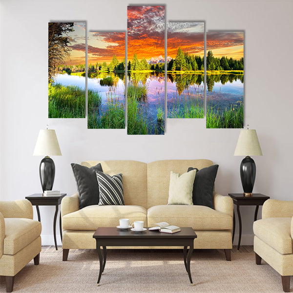 Early morning panoramic view of the Snake River and Tetons multi panel canvas wall art