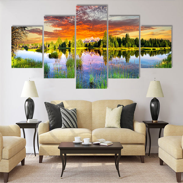 Early morning panoramic view of the Snake River and Tetons multi panel canvas wall art