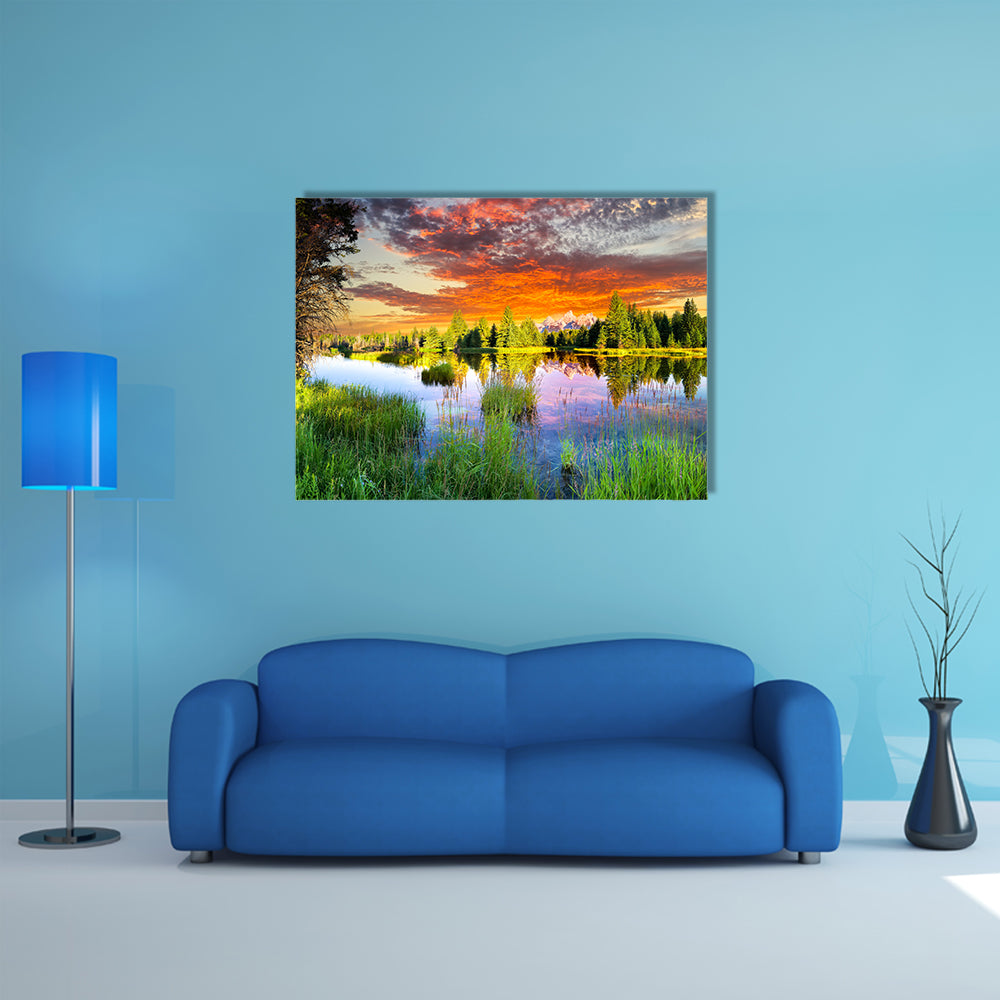 The early morning panoramic view of the Snake River and Tetons in Wyoming Multi Panel Canvas Wall Art