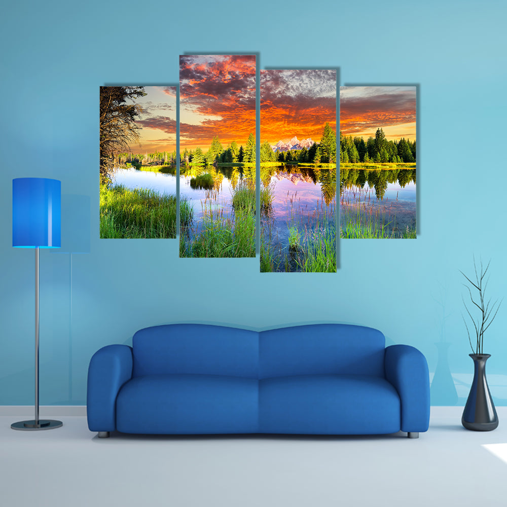 The early morning panoramic view of the Snake River and Tetons in Wyoming Multi Panel Canvas Wall Art