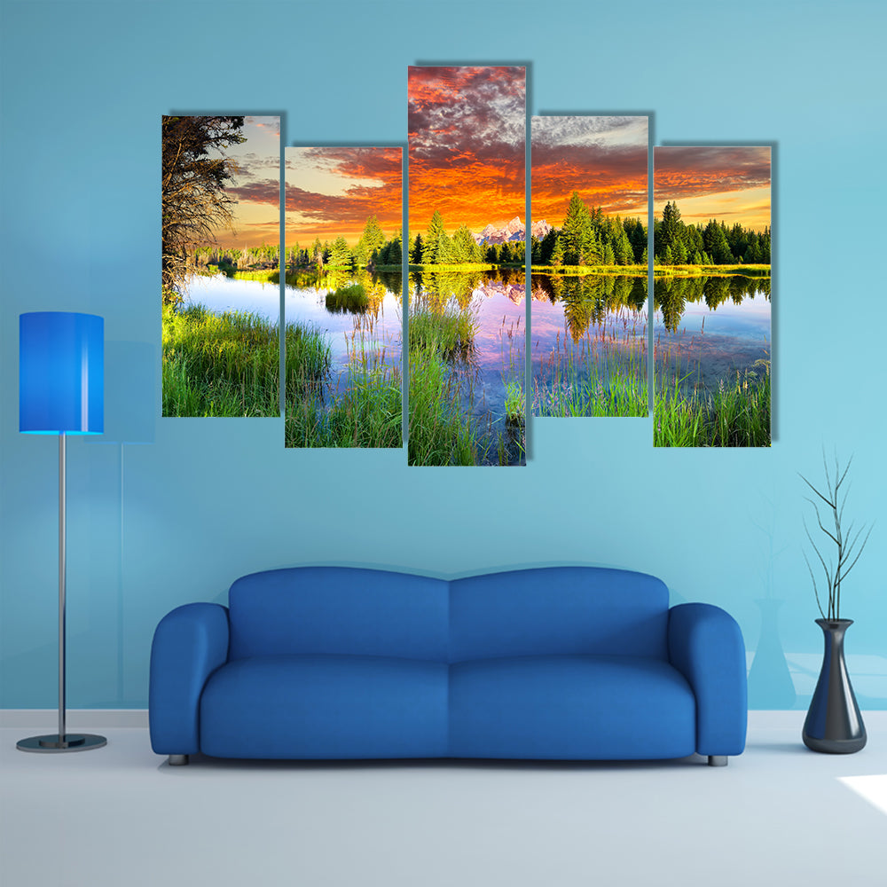 The early morning panoramic view of the Snake River and Tetons in Wyoming Multi Panel Canvas Wall Art