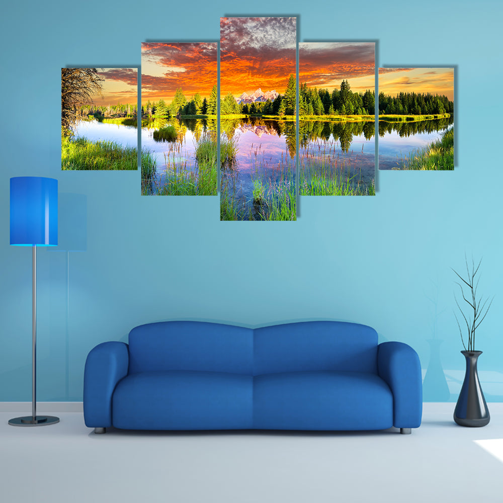 The early morning panoramic view of the Snake River and Tetons in Wyoming Multi Panel Canvas Wall Art