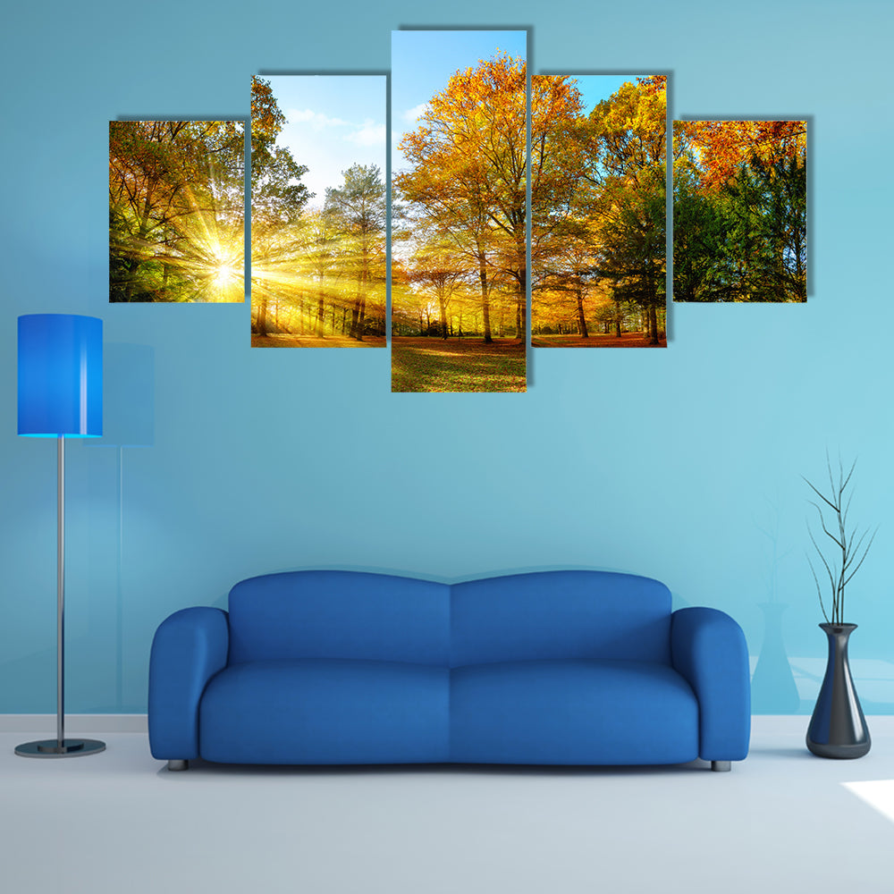 Scenic autumn panorama with the sun shining through the gold multi panel canvas wall art