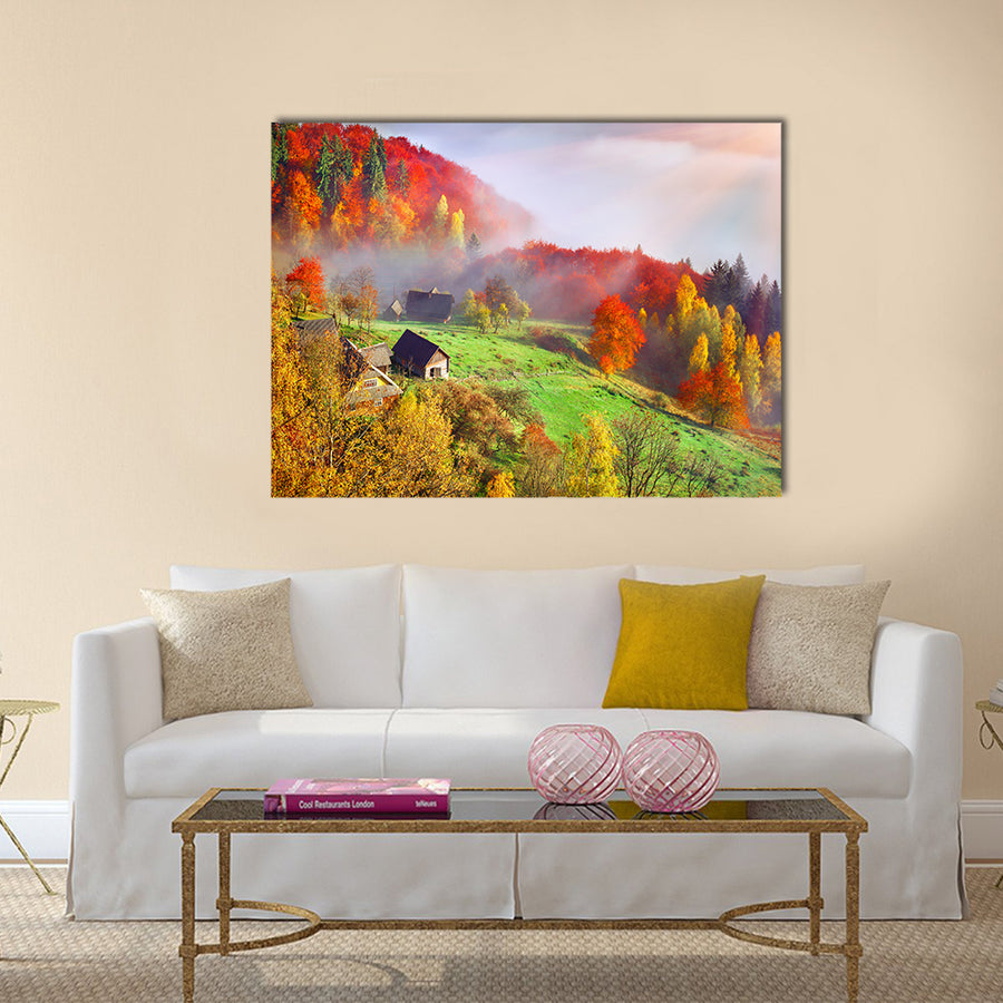 Colorful autumn landscape in the mountain village Multi panel canvas wall art