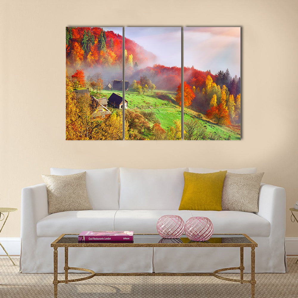 Colorful autumn landscape in the mountain village Multi panel canvas wall art