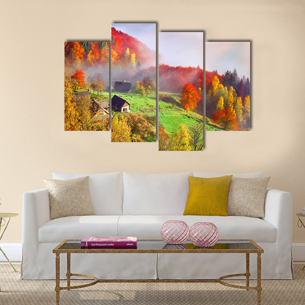 Colorful autumn landscape in the mountain village Multi panel canvas wall art