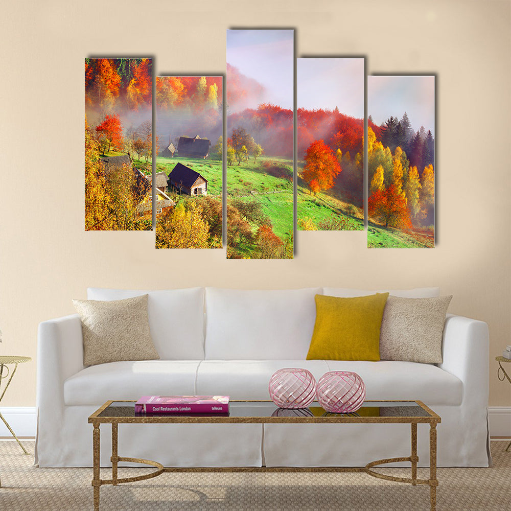 Colorful autumn landscape in the mountain village Multi panel canvas wall art