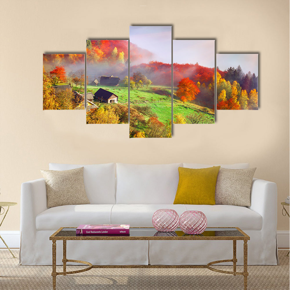 Colorful autumn landscape in the mountain village Multi panel canvas wall art