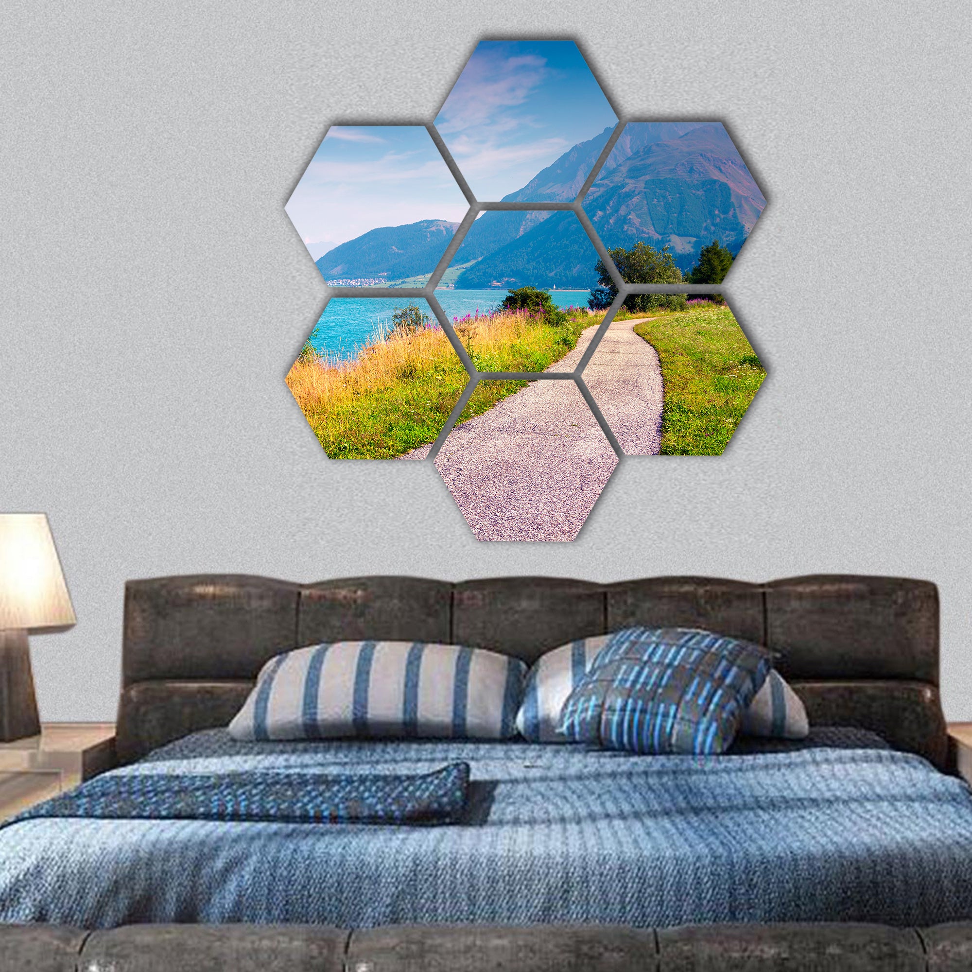 Bicycle path around Resia lake in the Italian Alps hexagonal canvas wall art