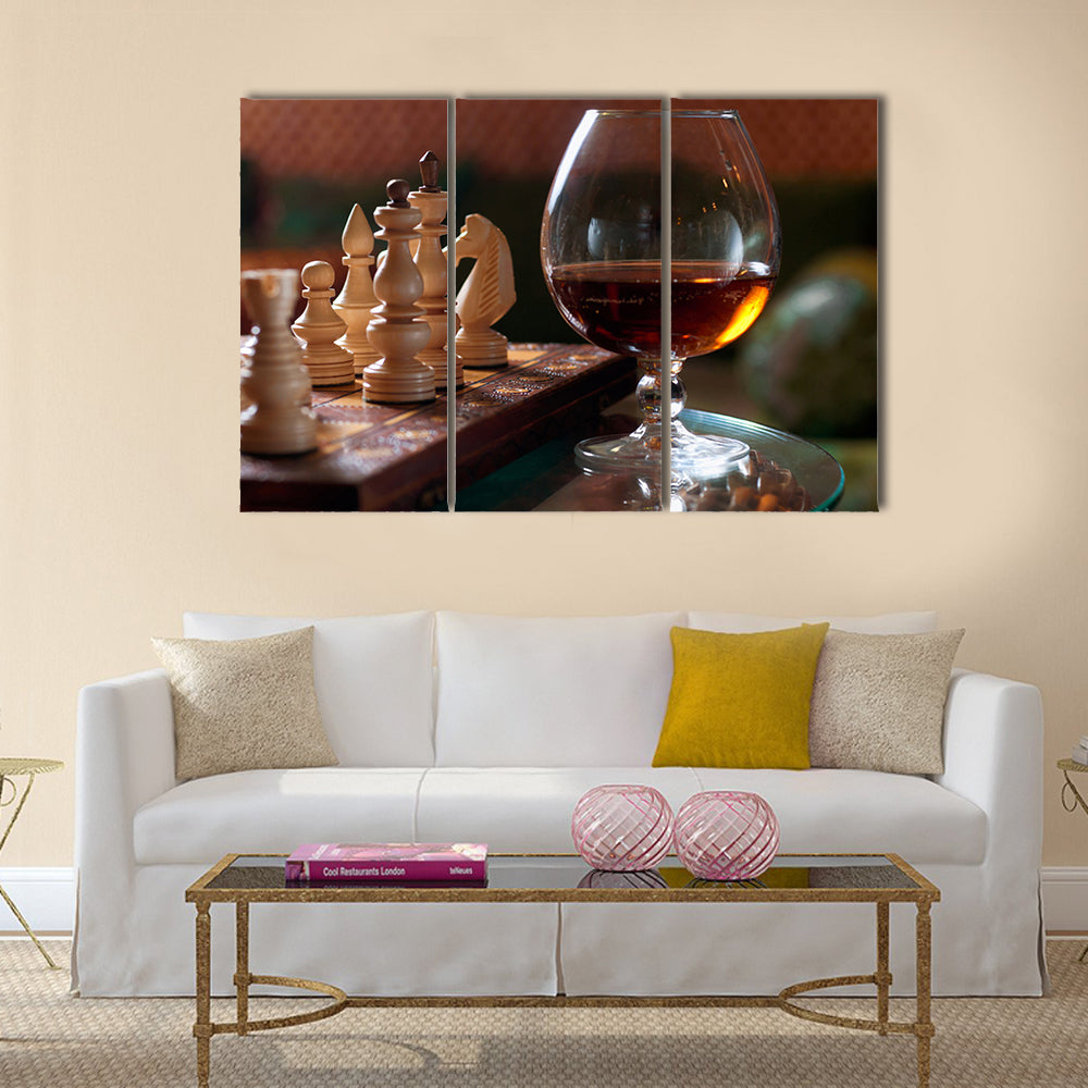 Chess-board and chess pieces, a goblet of wine multi panel canvas wall art