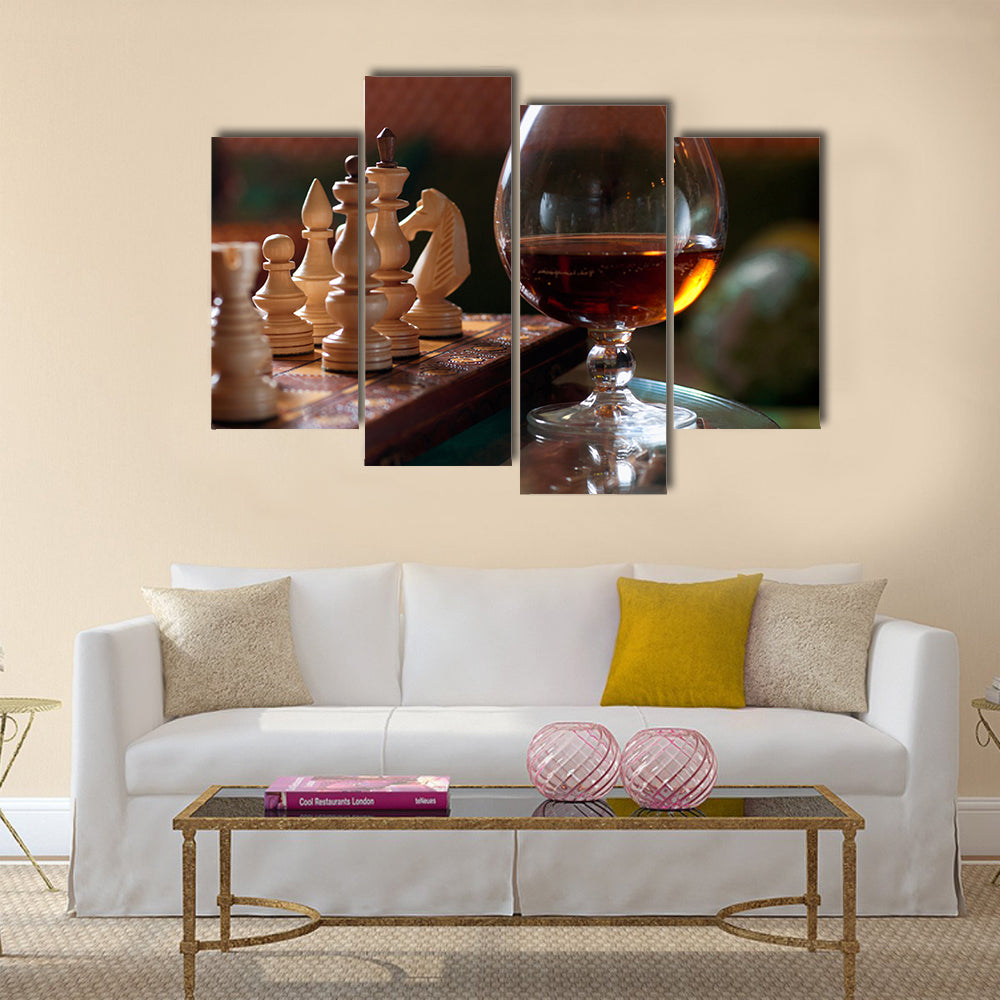 Chess-board and chess pieces, a goblet of wine multi panel canvas wall art