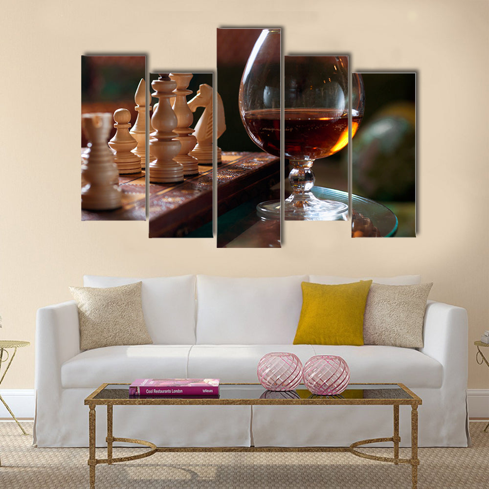Chess-board and chess pieces, a goblet of wine multi panel canvas wall art