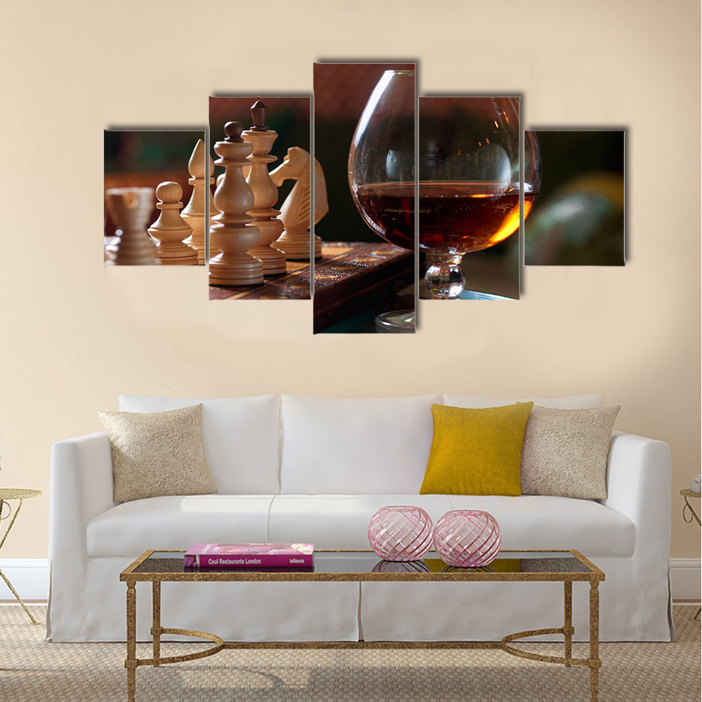 Chess-board and chess pieces, a goblet of wine multi panel canvas wall art