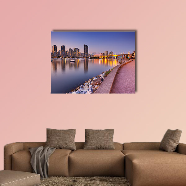 The skyline of Vancouver, British Columbia, Canada from across the water at dusk Multi panel canvas wall art