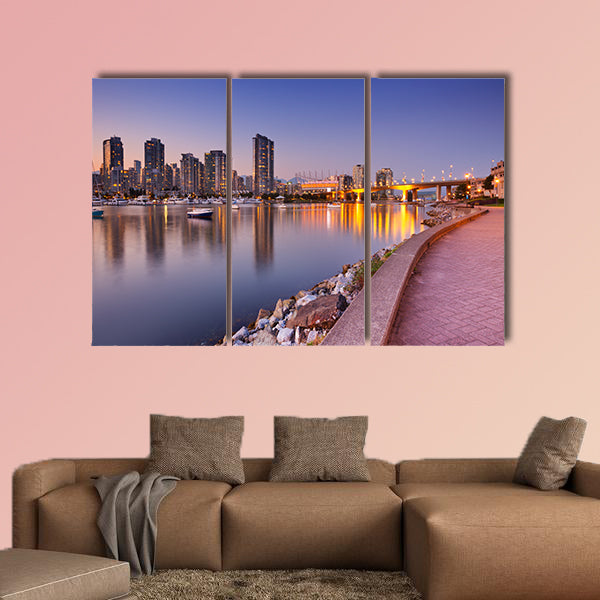 The skyline of Vancouver, British Columbia, Canada from across the water at dusk Multi panel canvas wall art