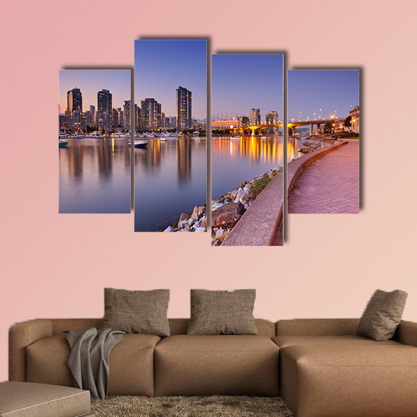 The skyline of Vancouver, British Columbia, Canada from across the water at dusk Multi panel canvas wall art