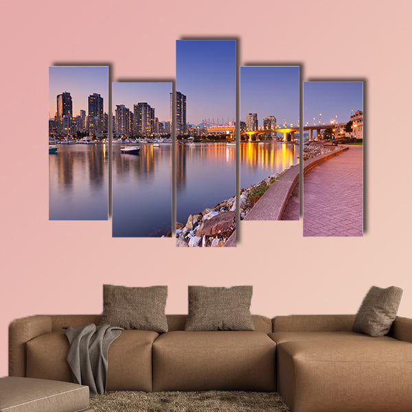 The skyline of Vancouver, British Columbia, Canada from across the water at dusk Multi panel canvas wall art