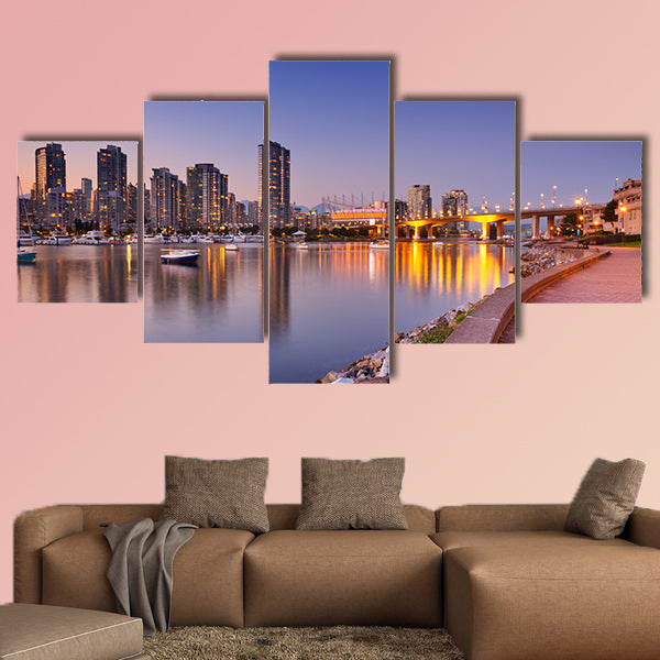 The skyline of Vancouver, British Columbia, Canada from across the water at dusk Multi panel canvas wall art