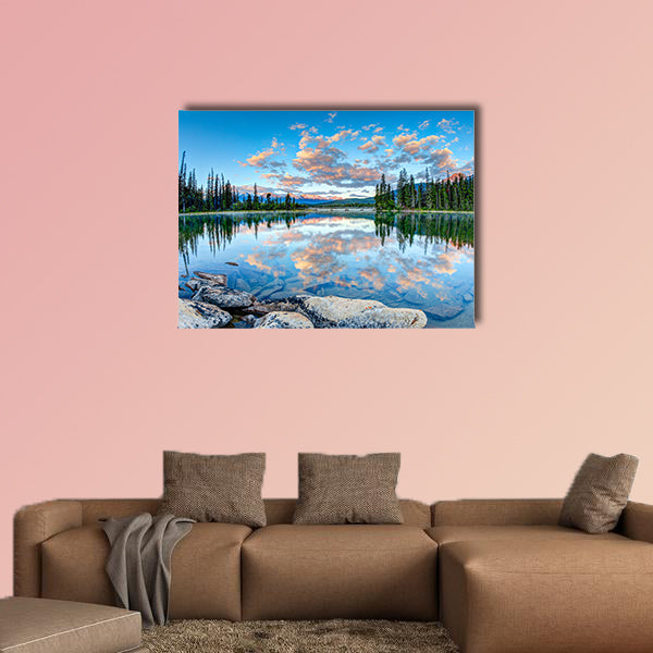 First glimpse of golden sunrise at Pyramid Lake in Jasper National Park wall art