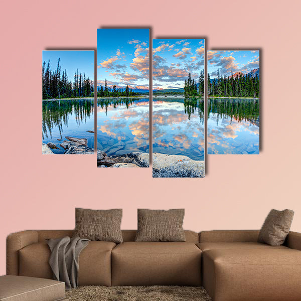 First glimpse of golden sunrise at Pyramid Lake in Jasper National Park wall art