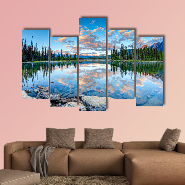 First glimpse of golden sunrise at Pyramid Lake in Jasper National Park wall art