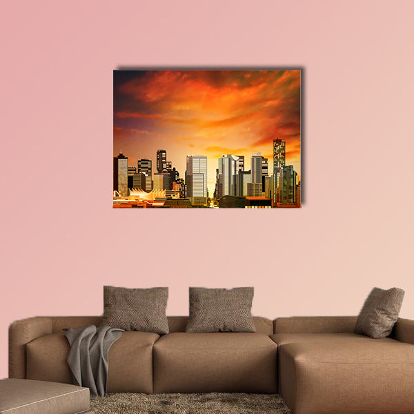 Abstract vector red sunset background with panorama of Vancouver Multi panel canvas wall art