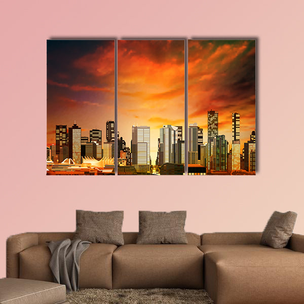 Abstract vector red sunset background with panorama of Vancouver Multi panel canvas wall art